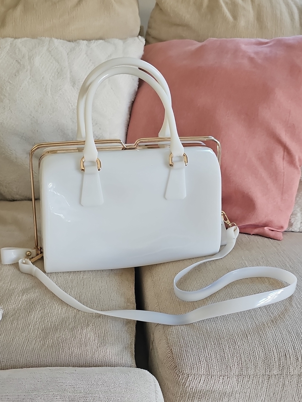 White Structured Patent Satchel Handbag with Gold Hardware